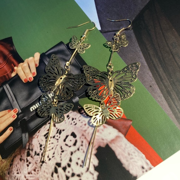 Gold Long Butterflies Earrings - Picture 3 of 4